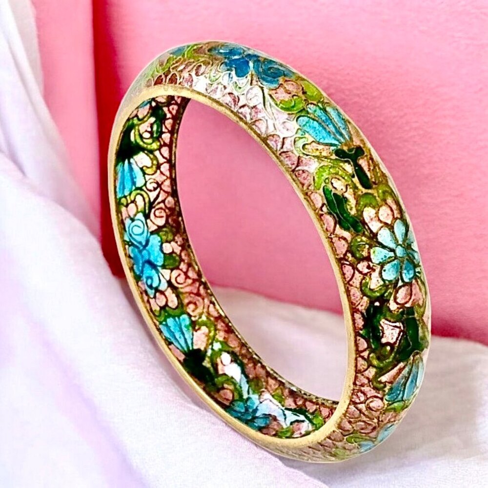 Vintage Chinese Plique A Jour Transparent Enamel Bangle Bracelet